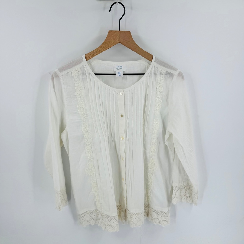 100% Cotton Lace Pintuck Blouse Size M Boho Cottagecore Coastal